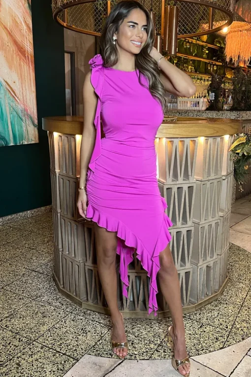 Hot Pink Ruched Asymmetrical Frill Midi Dress With Flower Detail