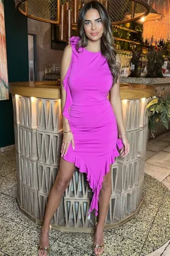 Hot Pink Ruched Asymmetrical Frill Midi Dress With Flower Detail