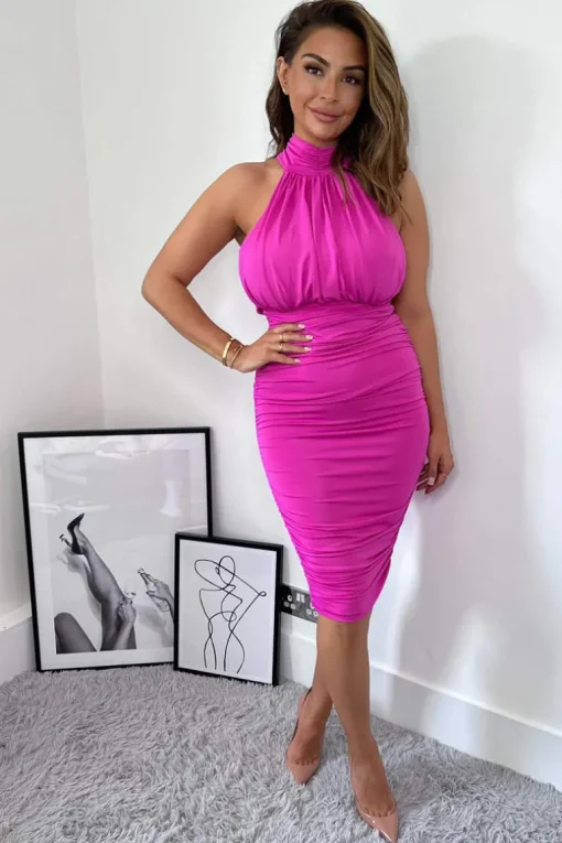 Hot Pink Ruched High Neck Midi Dress