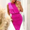 Hot Pink Ruched Skirt Bodycon Midi Dress