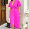 Hot Pink Short Sleeve Belted Wrap Midi Dress