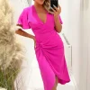 Hot Pink Short Sleeve V-Neck Buckle Wrap Midi Dress
