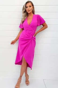 Hot Pink Short Sleeve V-Neck Buckle Wrap Midi Dress