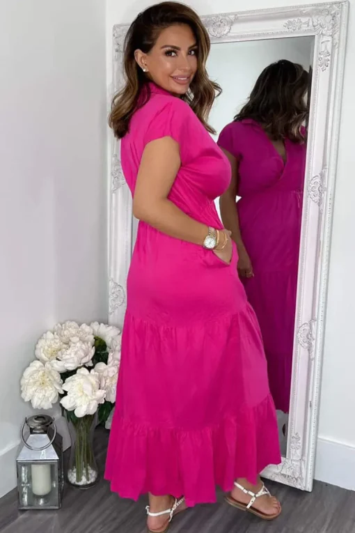 Hot Pink Short Sleeved V-Neck Midi Smock Dress