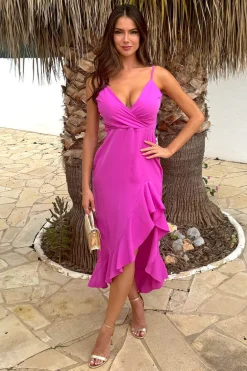 Hot Pink Strappy High Low Frill Hem Midi Dress