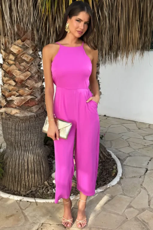 Hot Pink Strappy Racer Neck Jumpsuit