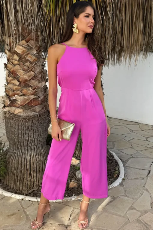 Hot Pink Strappy Racer Neck Jumpsuit