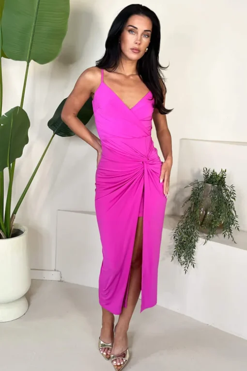 Hot Pink Strappy Wrap Top Knot Skirt Midi Dress