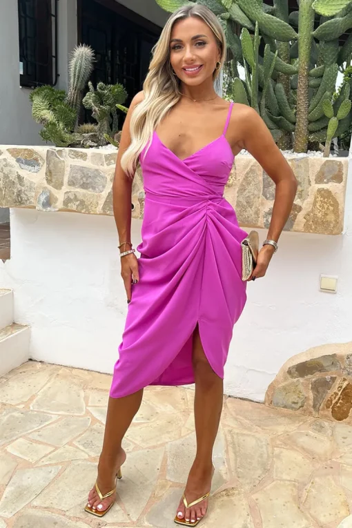 Hot Pink Strappy Wrap Top Gathered Skirt Midi Dress