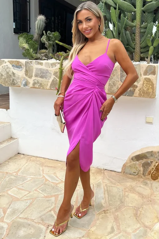 Hot Pink Strappy Wrap Top Gathered Skirt Midi Dress