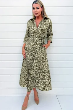 Khaki And Cream Print Shirt Midi Dress