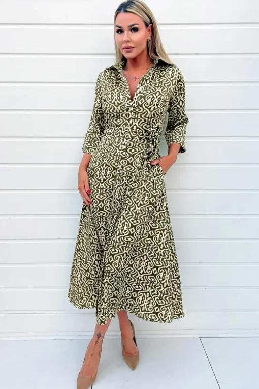 Khaki And Cream Print Shirt Midi Dress