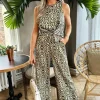 Khaki And Cream Printed Knot Front Jumpsuit