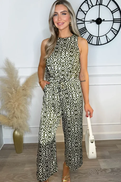 Khaki And Cream Printed Knot Front Jumpsuit