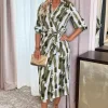 Khaki Brush Stroke Print 3/4 Sleeve Tie Waist Wrap Shirt Midi Dress