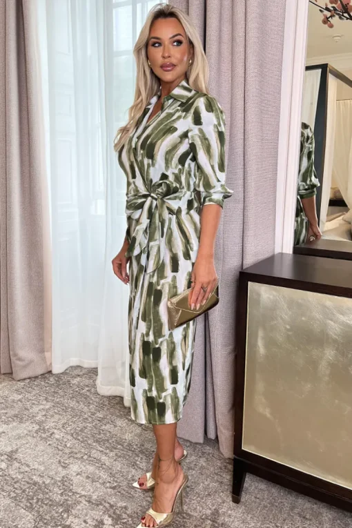 Khaki Brush Stroke Print 3/4 Sleeve Tie Waist Wrap Shirt Midi Dress