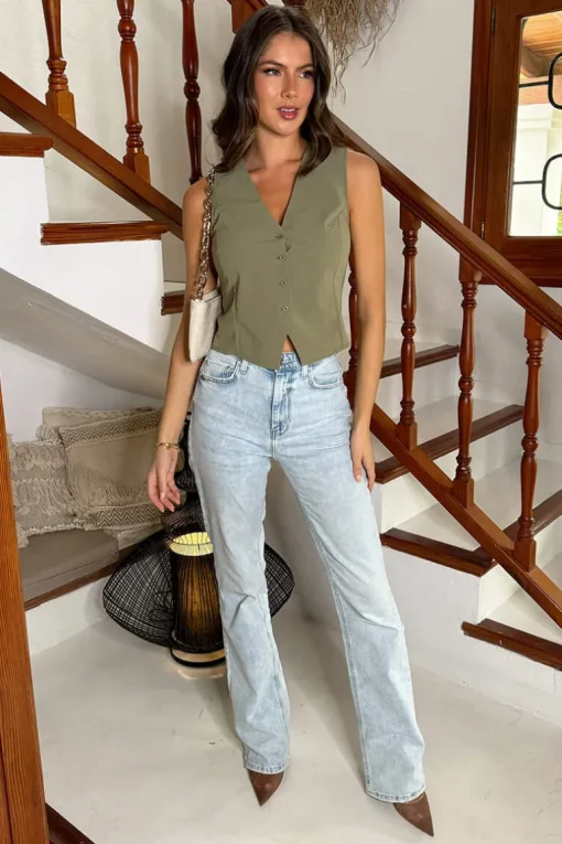 Khaki Button Front Crinkle Waistcoat