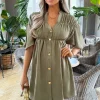 Khaki Button Up Ruched Detail Smock V-Neck Dress