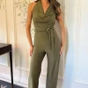 Khaki Cowl Halter Neck Tie Waist Backless Jumpsuit