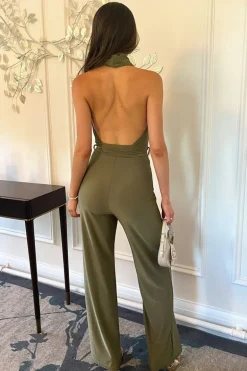 Khaki Cowl Halter Neck Tie Waist Backless Jumpsuit
