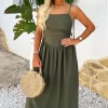 Khaki Drawstring Tie Straps Ruched Top Midi Dress