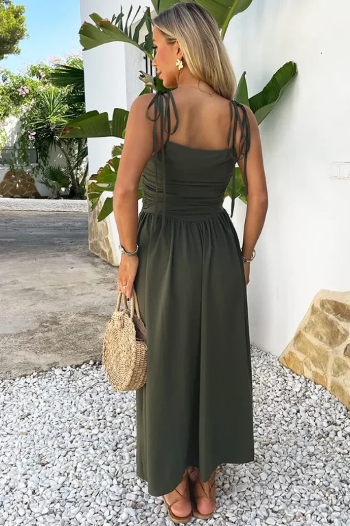 Khaki Drawstring Tie Straps Ruched Top Midi Dress