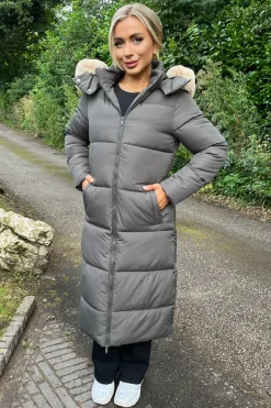 Khaki Faux Fur Hooded Longline Padded Coat