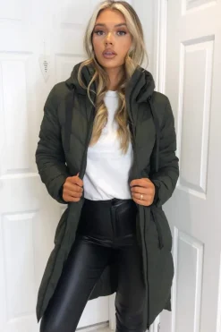 Khaki Hooded Long Line Puffer Coat