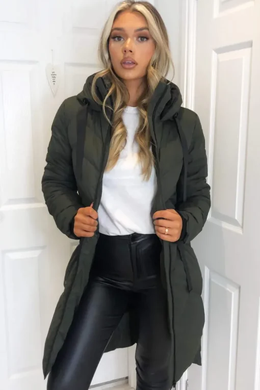 Khaki Hooded Long Line Puffer Coat