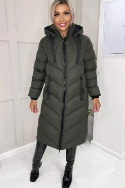 Khaki Hooded Puffer Coat with Zip Front Pockets