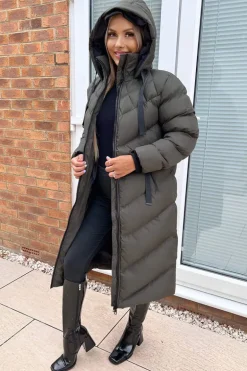 Khaki Hooded Puffer Coat with Zip Front Pockets