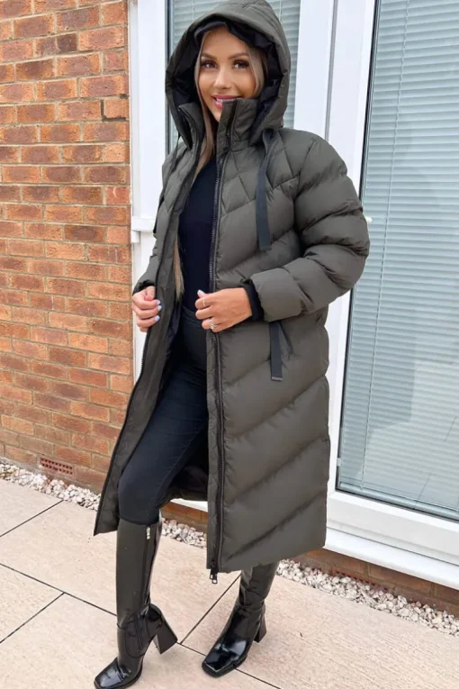 Khaki Hooded Puffer Coat with Zip Front Pockets