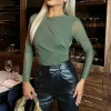 Khaki Long Sleeve Pleat Detail Mesh Bodysuit