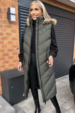 Khaki Longline Faux Fur Hooded Gilet