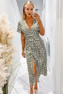 Khaki Printed Bell Sleeve Midi Dress