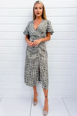 Khaki Printed Bell Sleeve Midi Dress