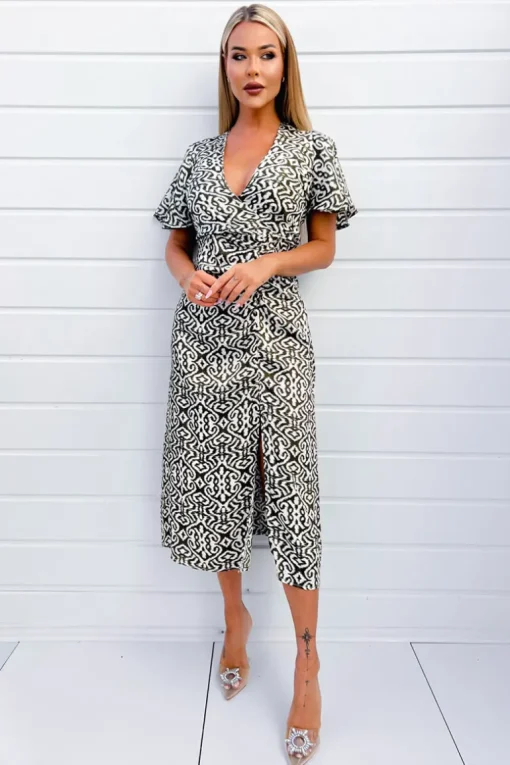 Khaki Printed Bell Sleeve Midi Dress