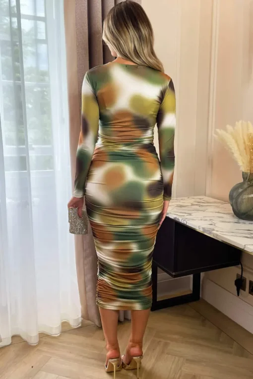 Khaki Printed Long Sleeve Ruched Bodycon Midi Dress
