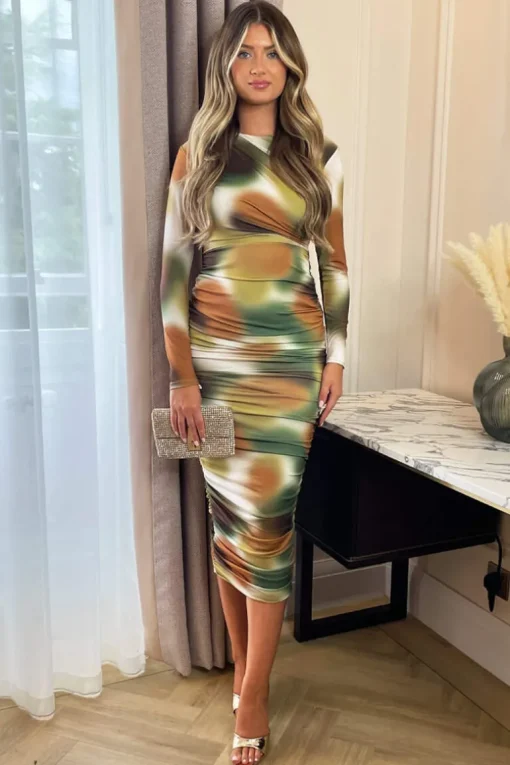 Khaki Printed Long Sleeve Ruched Bodycon Midi Dress