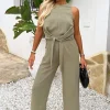 Khaki Racer Neck Tie Waist Jumpsuit