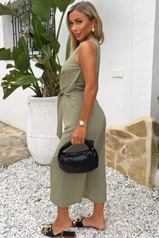 Khaki Racer Neck Tie Waist Jumpsuit
