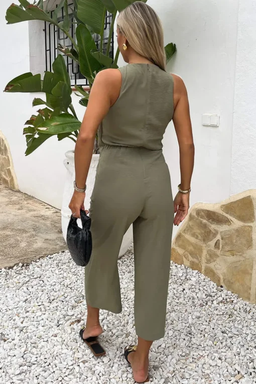 Khaki Racer Neck Tie Waist Jumpsuit