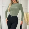 Khaki Round Neck Long Sleeve Slinky Bodysuit