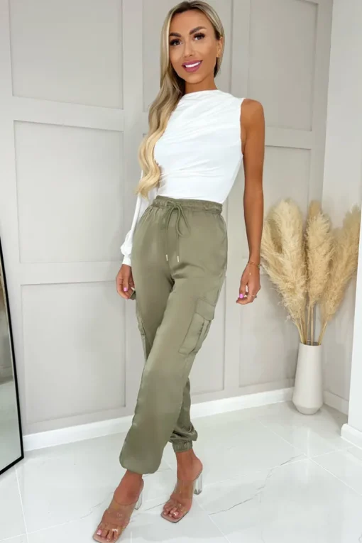 Khaki Satin Cuffed Cargo Pants