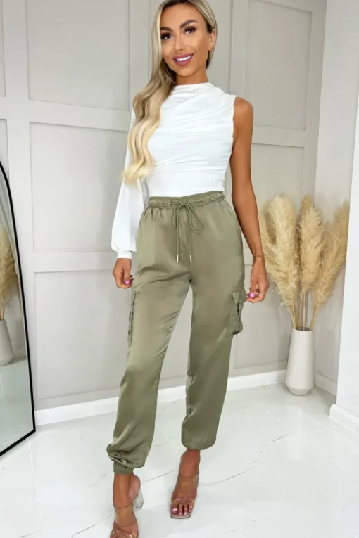 Khaki Satin Cuffed Cargo Pants