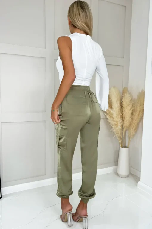 Khaki Satin Cuffed Cargo Pants