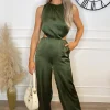 Khaki Satin Cut Out Waist Full Length Jumpsuit
