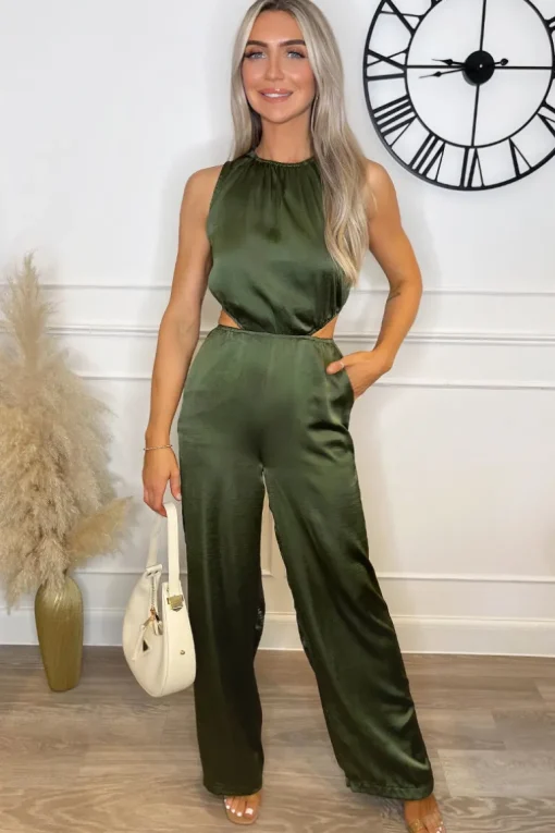 Khaki Satin Cut Out Waist Full Length Jumpsuit