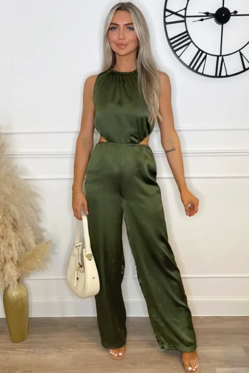 Khaki Satin Cut Out Waist Full Length Jumpsuit