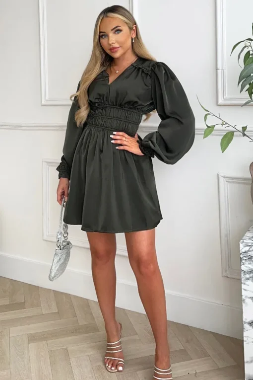Khaki Satin Long Sleeve Ruched Waist Ruffle Detail Mini Dress